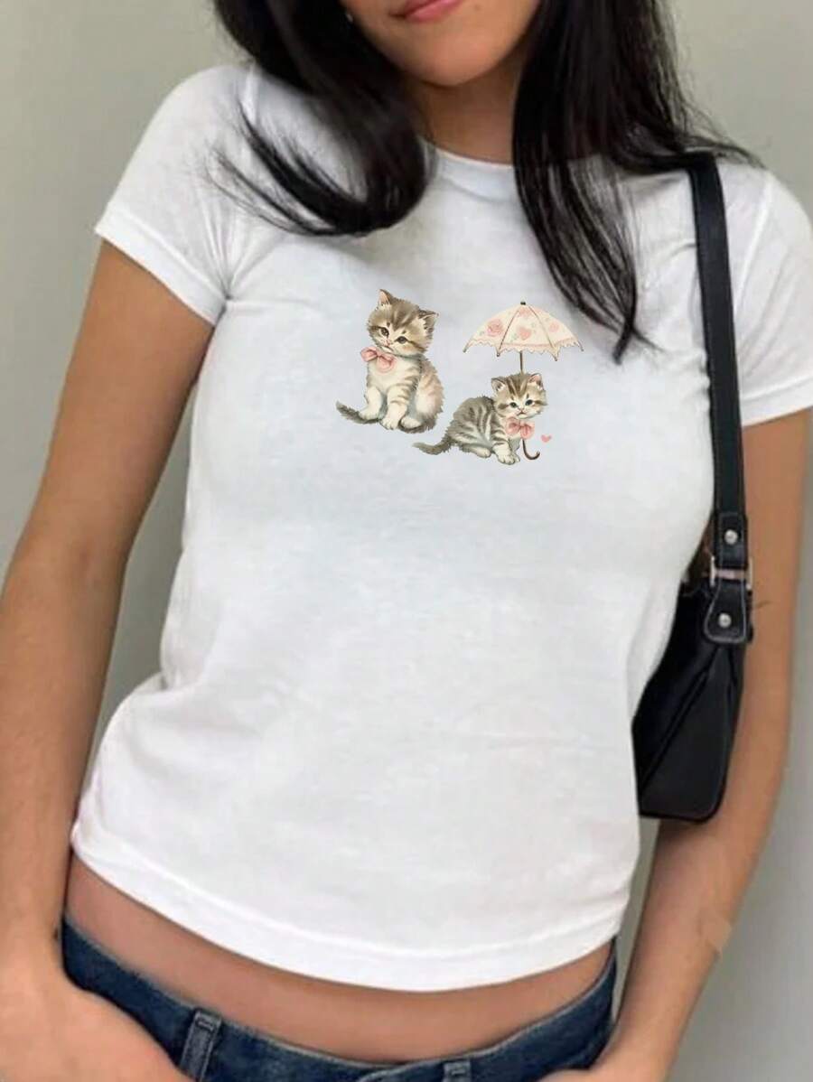 INAWLY Y2K Cat Print Minimalistisch Casual Dames Korte Mouw Zomer T-shirt Grafische Tees Dames Tops