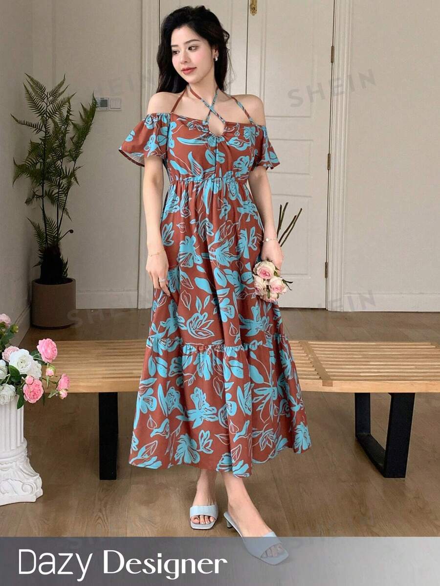 Dazy Designer Vestido de mujer con estampado floral, escote hombros descubiertos, cuello halter y diseño de vestido de verano