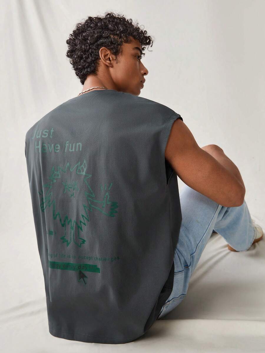 SWAVVY Men Summer Cartoon Printed Tank Top With Slogan And Round Neckline, Sleeveless Graphic Dark Grey Vacation Funny Tank Top For Boyfriend Gift