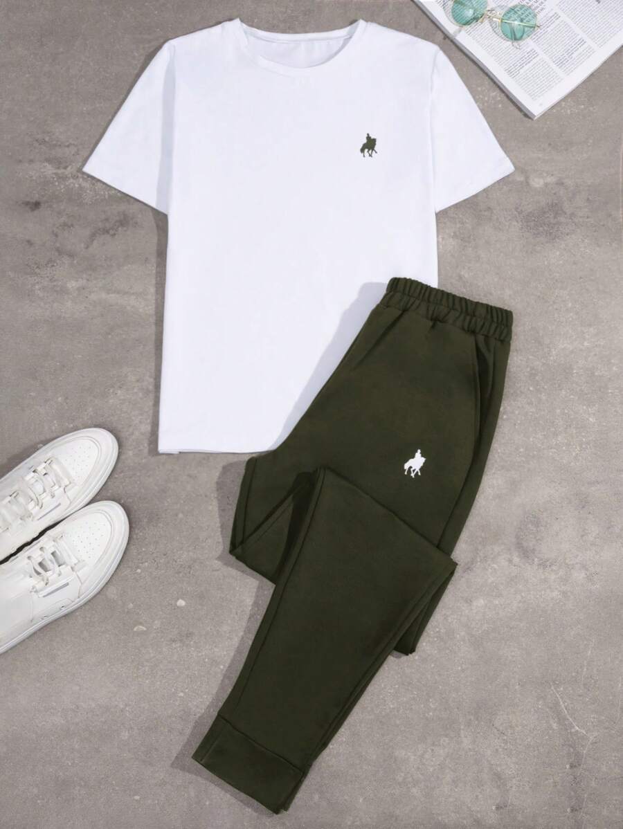 RueChic T-shirt Régulier Pour Homme À Impression De Cheval Et Ensemble Pantalon En Deux Pièces