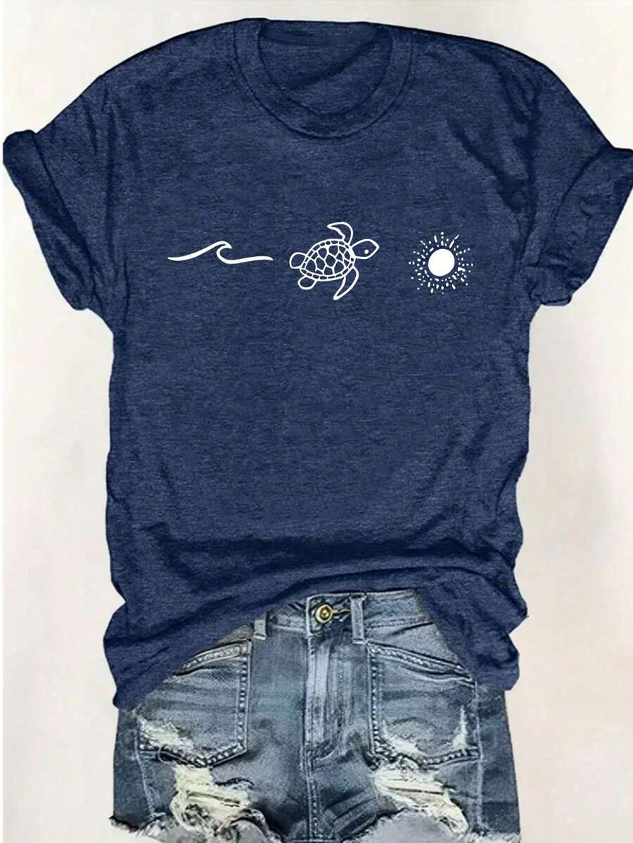 INAWLY Plus Size Turtle And Sun Print Okrągły Dekolt Krótki Rękaw Casual T-shirt Na Lato Koszulki Graficzne Damskie Topy
