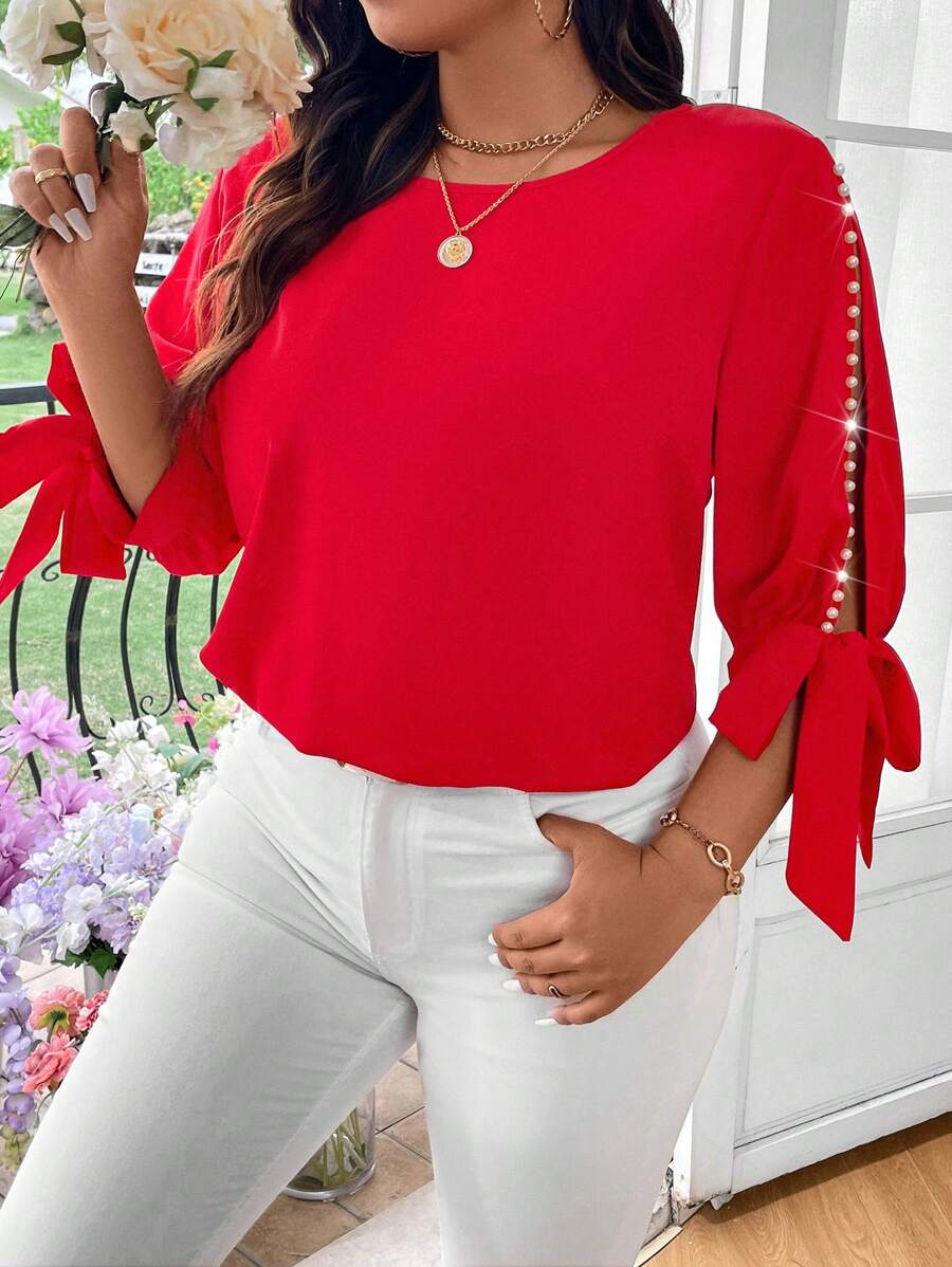 EMERY ROSE Plus Size Faux Pearl Beaded Round Neck Hollow Out Tie Front Summer Casual Shirt For New Year Clothes
