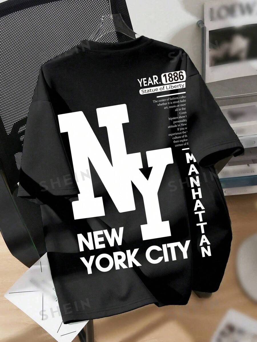 Comfortcana Camiseta negra suelta de manga corta con cuello redondo y estampado gráfico de Nueva York de talla grande, camiseta casual para mujer, adecuada para el verano