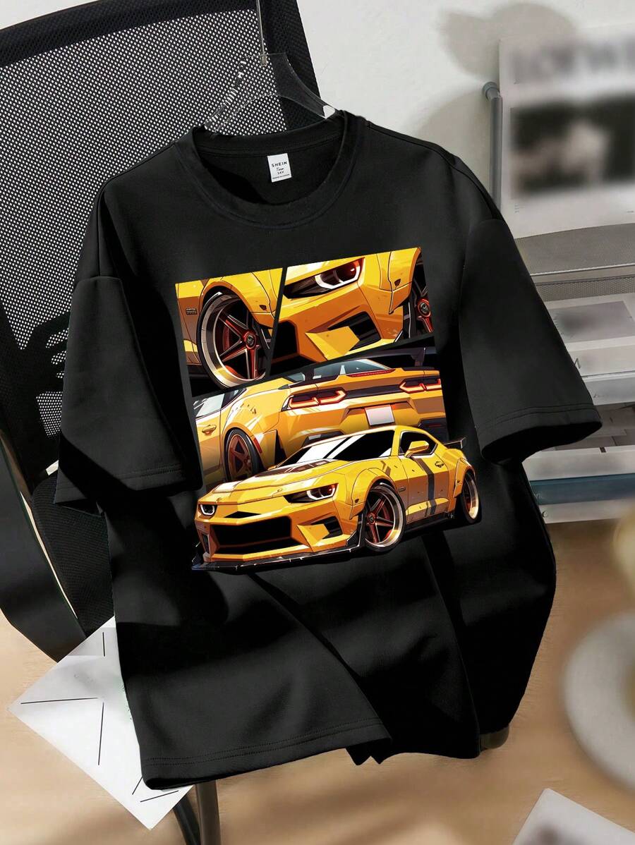 SHEIN Camiseta Casual Amarela com Estampa de Carro Esportivo para Meninos Pré-adolescentes, Estampa Simples de Carro em Cartoons, Mangas Curtas e Gola Redonda, Adequada para o Verão