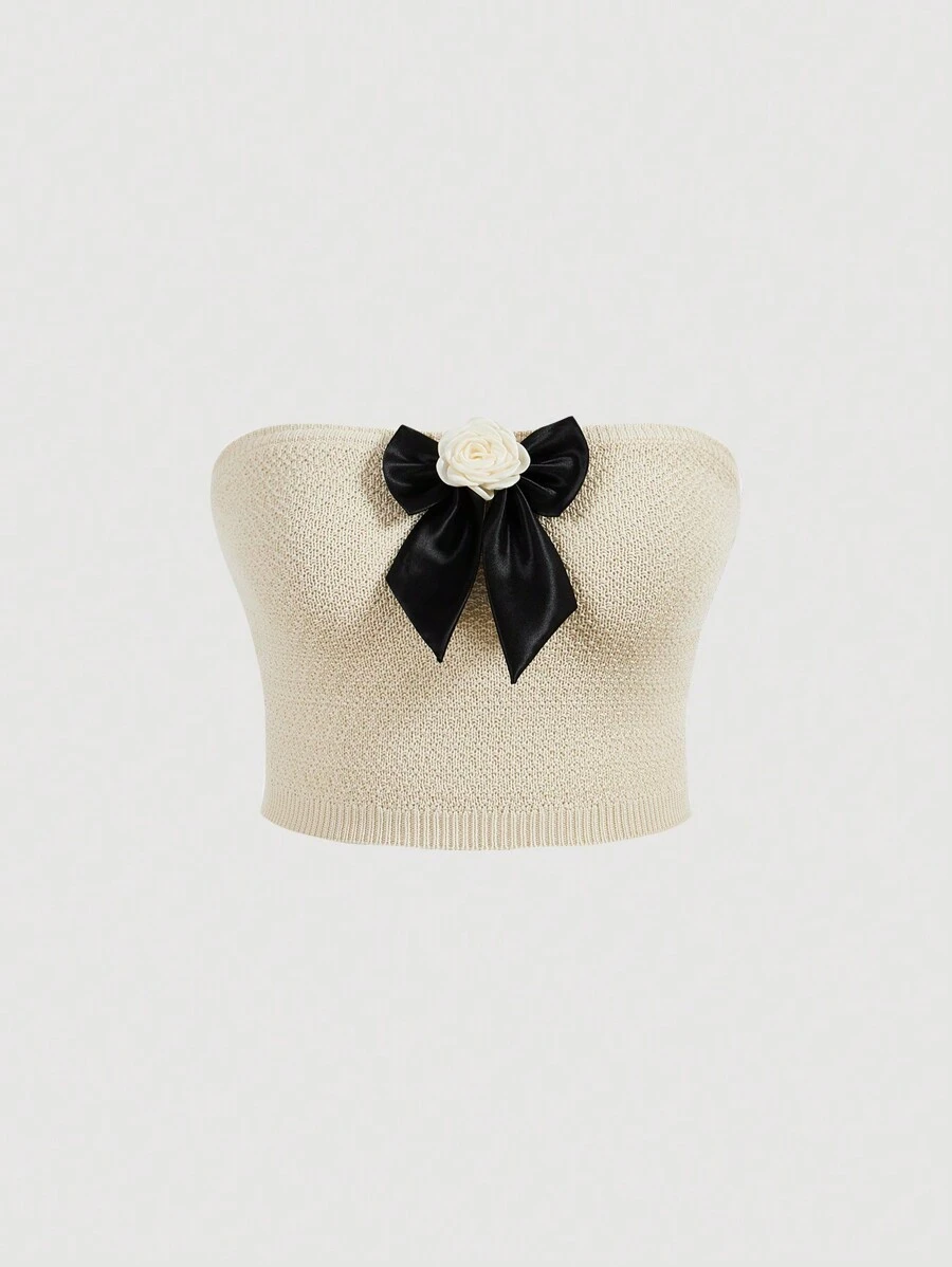SHEIN MOD Plus Size Fashionable Summer Bow Detail Decoration Tight Cropped Strapless Knit Top