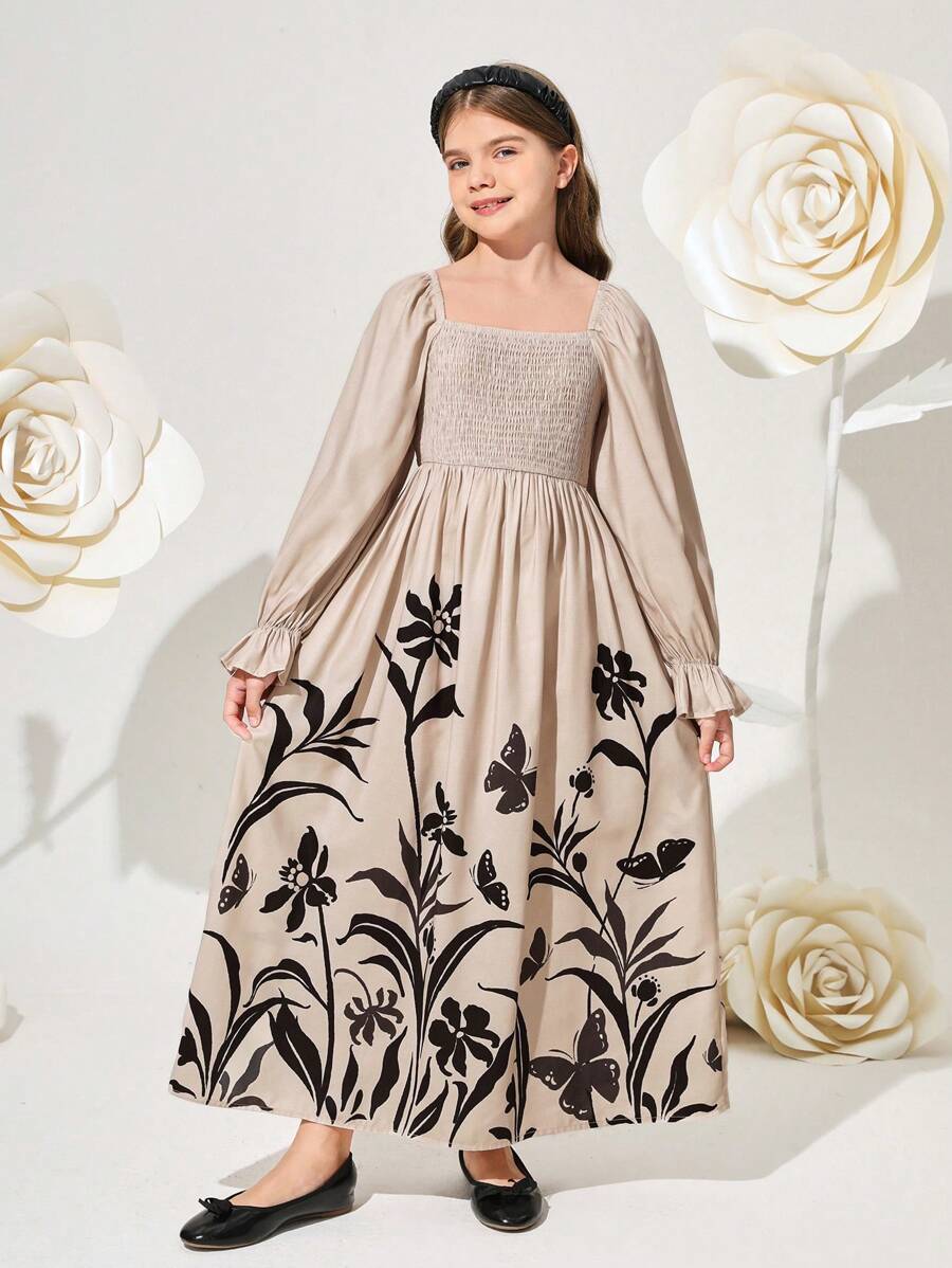 SHEIN Tween Girl Integrated College Square Neck Bubble Sleeve Floral Pattern Midi Dress