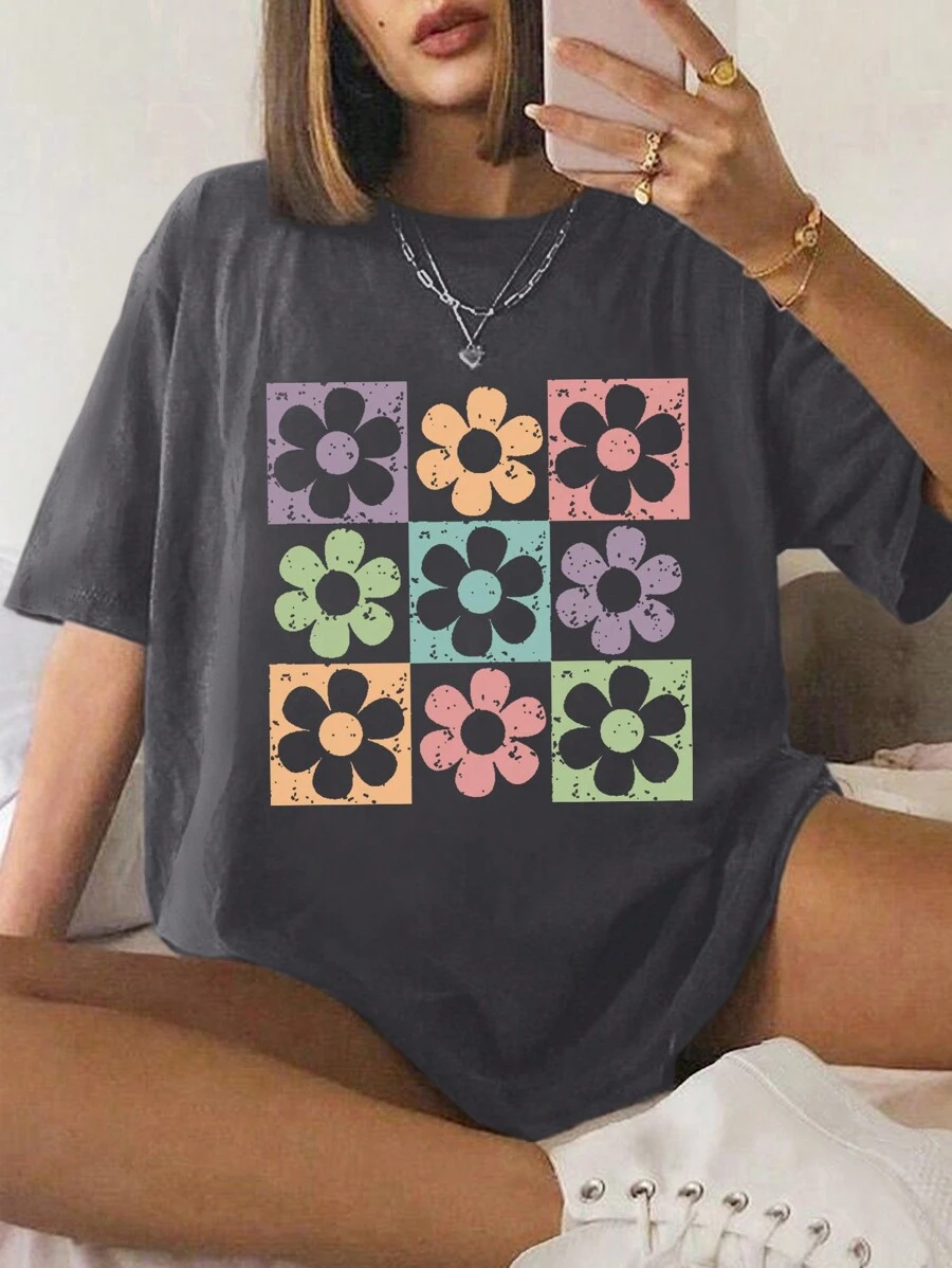 INAWLY Women Summer Floral Print Round Neck Short Sleeve Casual T-Shirt Graphic Tees Women Tops