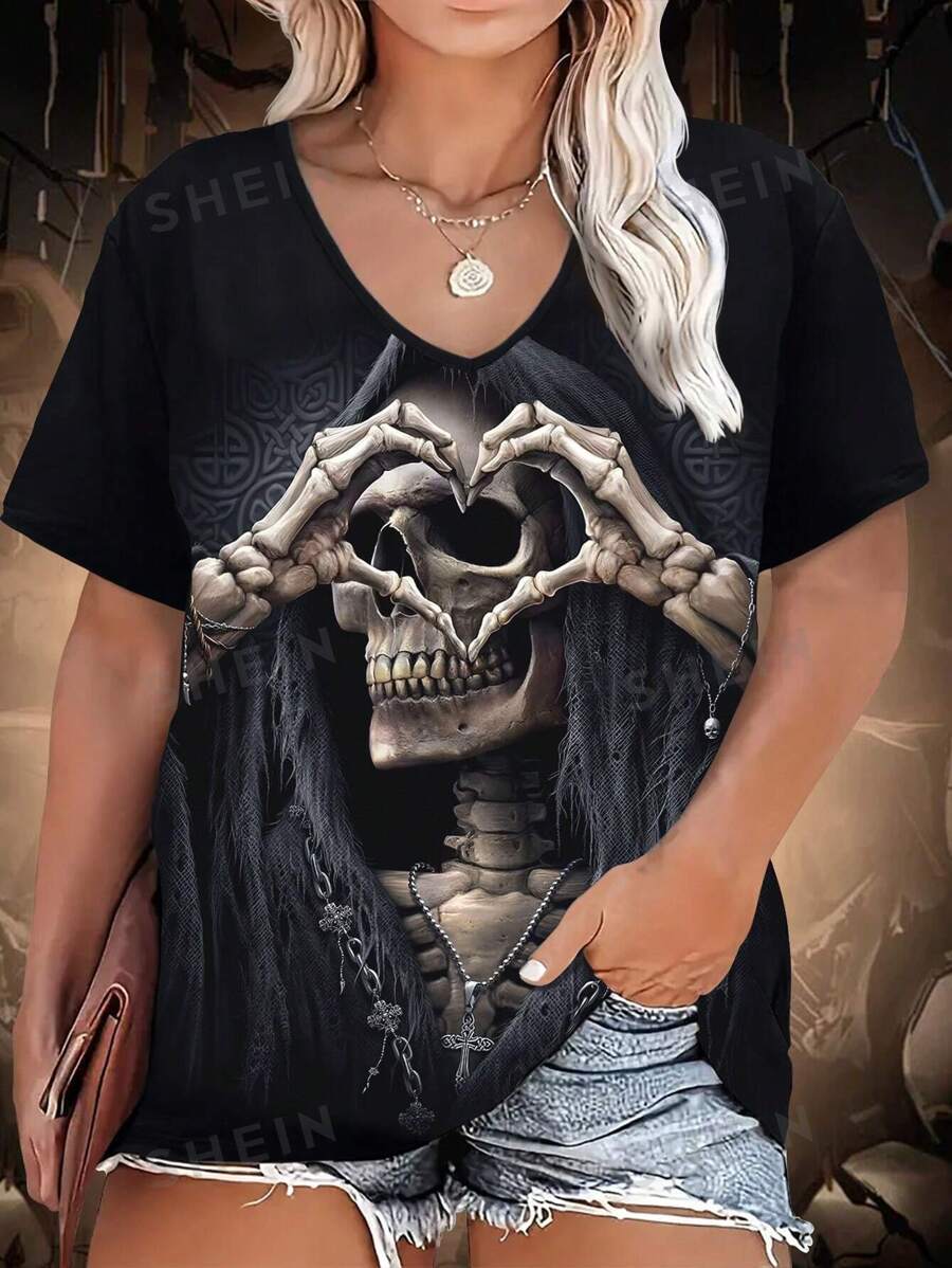 INAWLY Camiseta informal de manga corta con estampado de calavera y flor de cerezo para mujeres de talla grande