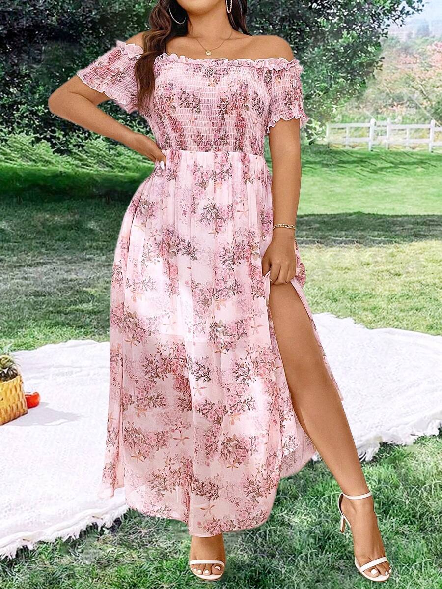 Sunnyshic Plus Size Off Shoulder Chiffon Floral Print Split Long Dress For Vacation