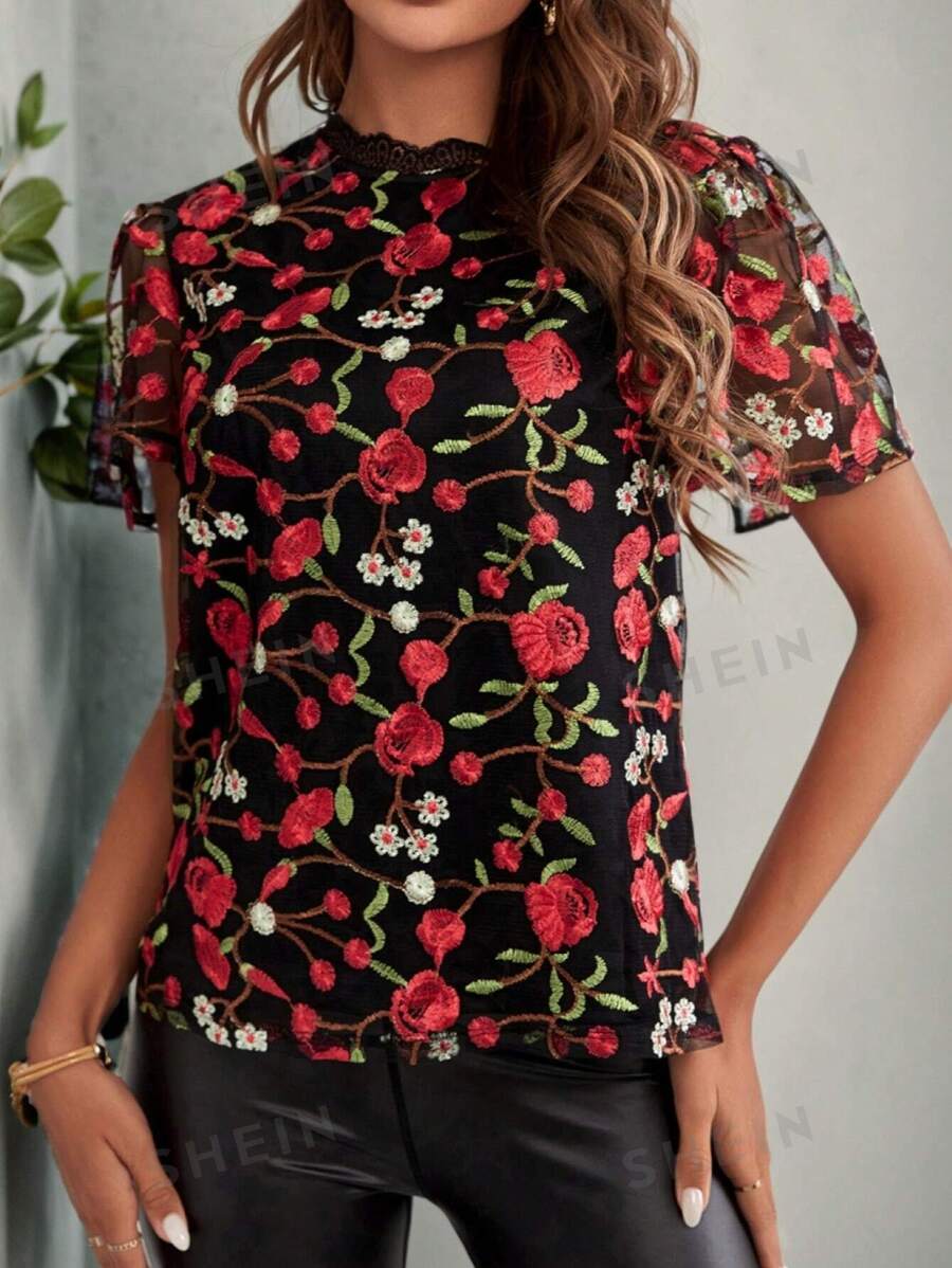SHEIN Clasi Camisa Con Mangas De Malla Transparente Bordada
