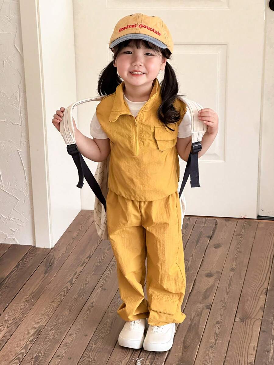 SHEIN Conjunto de dos piezas amarillo para niña joven, adecuado para la temporada de regreso a clases y el Día del Niño, traje deportivo casual para el verano