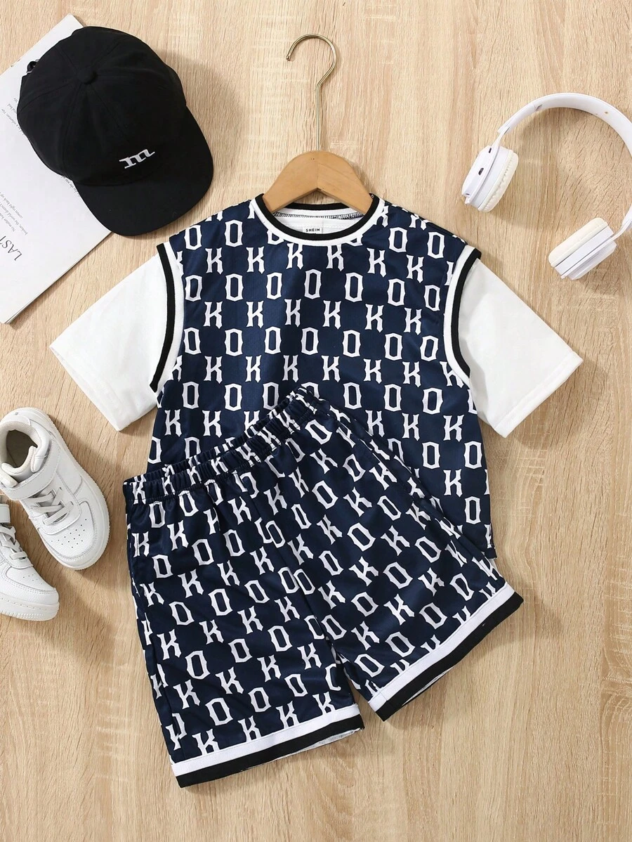 3 Piezas/juego Camiseta Blanca & Chaleco De Malla Impreso Estilo Callejero Retro & Shorts Impresos Casuales, Cómodos, Simples Y Prácticos De Estilo Universitario Para Niños Jóvenes, Adecuados Para Primavera Y Verano