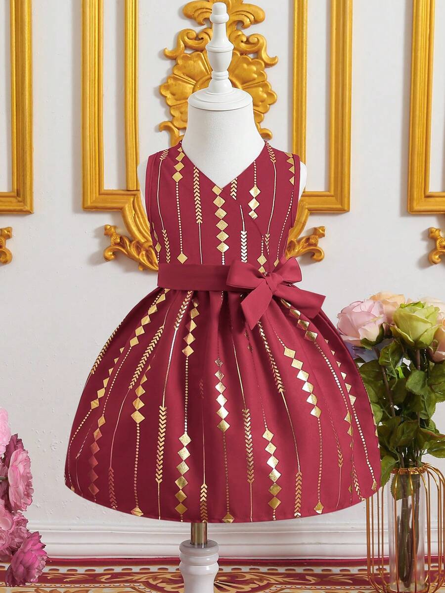 Vestito da festa con scollo a V e stampa in foglia d\"oro per bimba