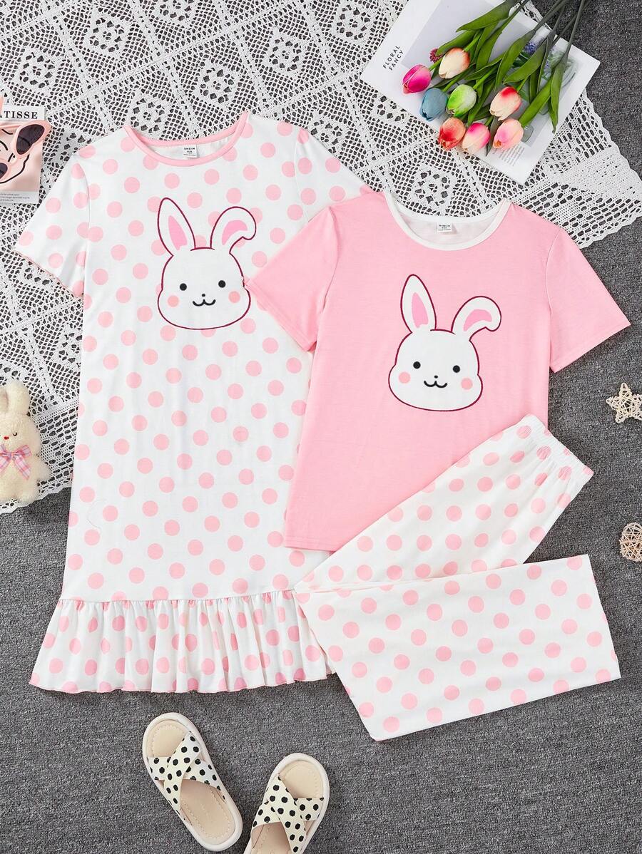 SHEIN Conjunto de 3 peças Para Menina Adolescente, Camiseta Casual de Manga Curta, Calça Comprida e Macacão de Pijama Retardante de Chamas Fofos
