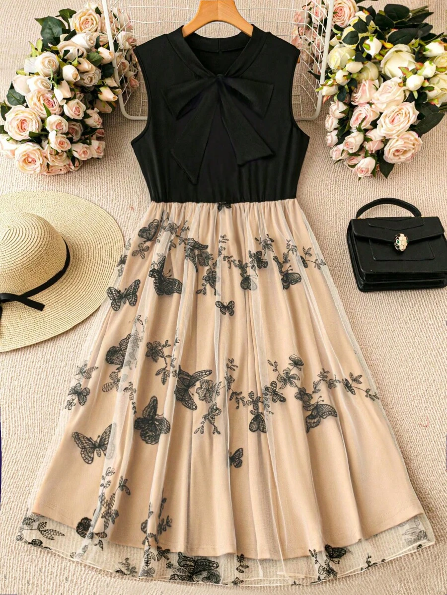SHEIN Belle Plus Size Women Summer Butterfly Mesh Hem Tie-Neck Sleeveless Simple & Elegant Dress
