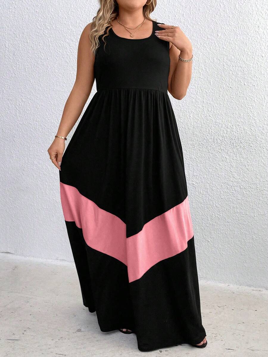 SHEIN Holidaya Plus Size Women Boho Summer Color Blocking Long Round Neck Sleeveless Casual Simple Dress