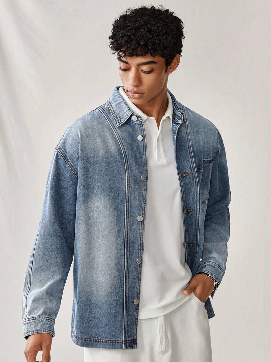 Manfinity Hypemode Camisa casual de mezclilla azul claro suelta para hombre, manga larga, para uso al aire libre en primavera