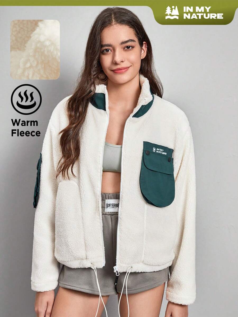 In My Nature In My Nature Cappotto con grafica lettera tasca con patta orlo con coulisse in pile