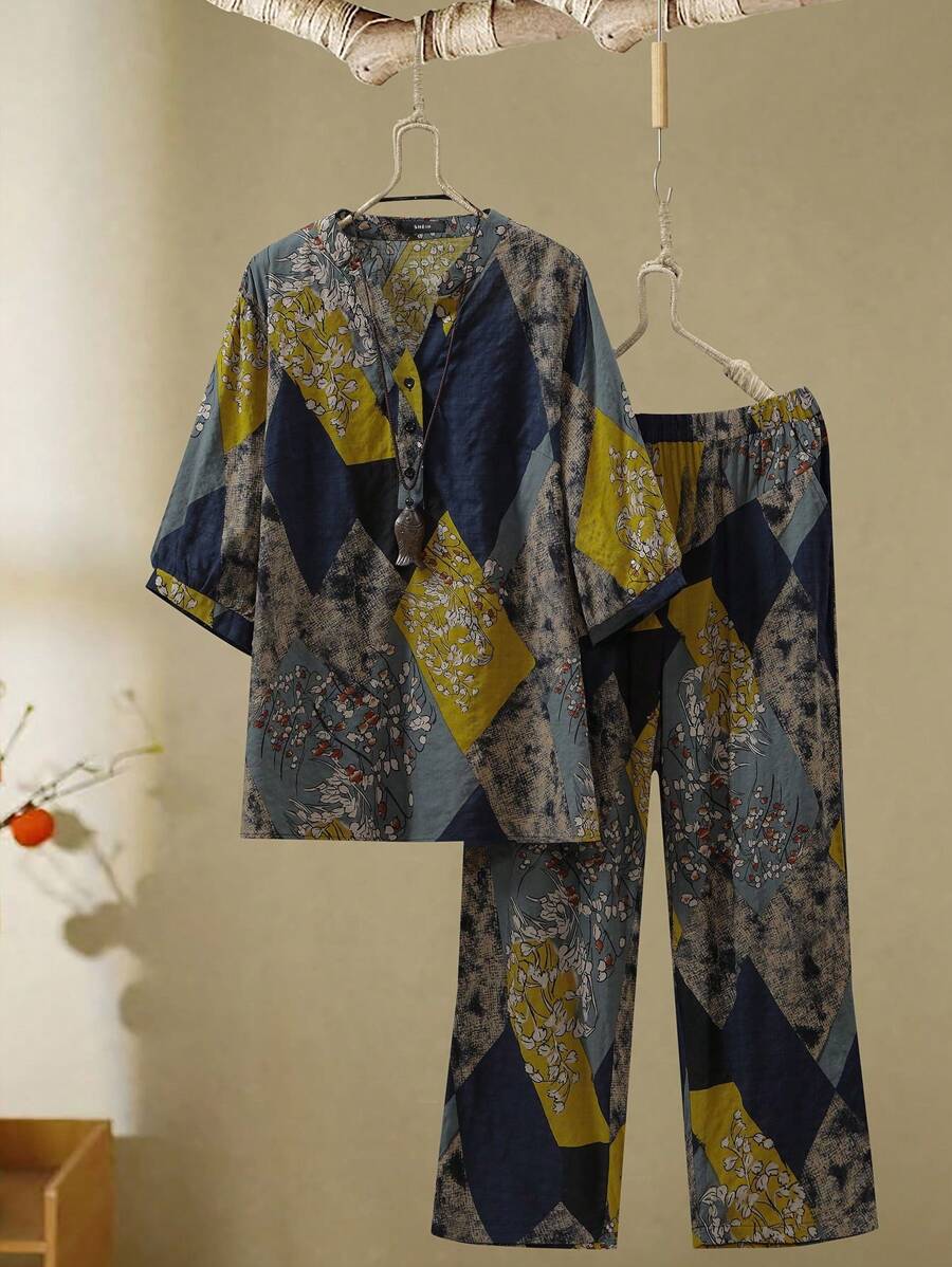 SHEIN LUNE Plus Size All-Over Printed Notch Neck Short Sleeved Shirt And Long Pants Two Pieces Set, Suitable For Summer