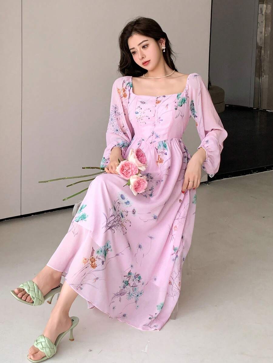 DAZY Robe d'été casual à manches lanternes imprimée de fleurs, col carré, volants