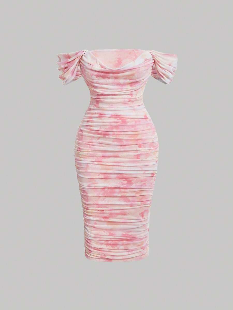 SHEIN MOD Plus Size Women's Pink Ombre Floral One Shoulder Pleated Evening Dress For Date Night, Party, Formal,Summer Dress,Birthday Dresses For Women