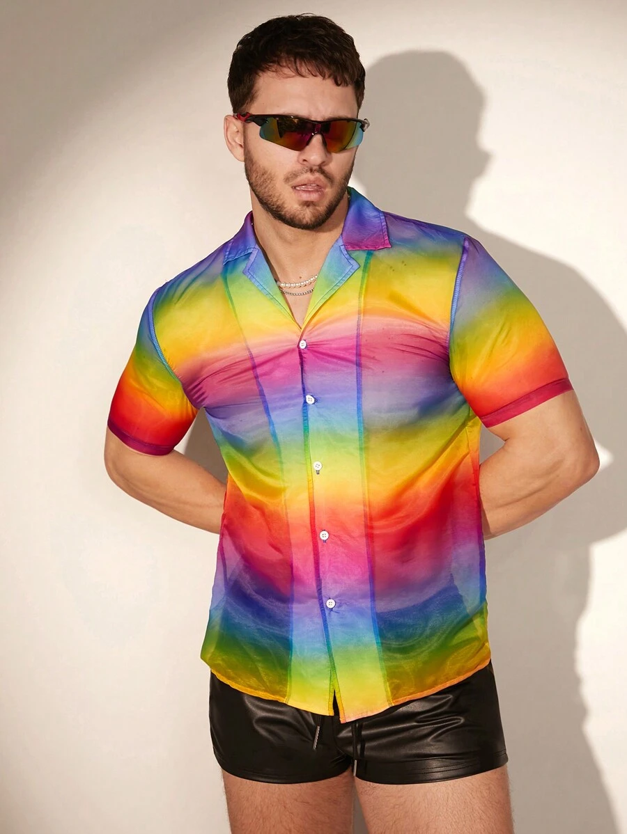 FeverCity Men's Summer Colorful Tie-Dye Short Sleeve See-Through Loose Casual Shirt