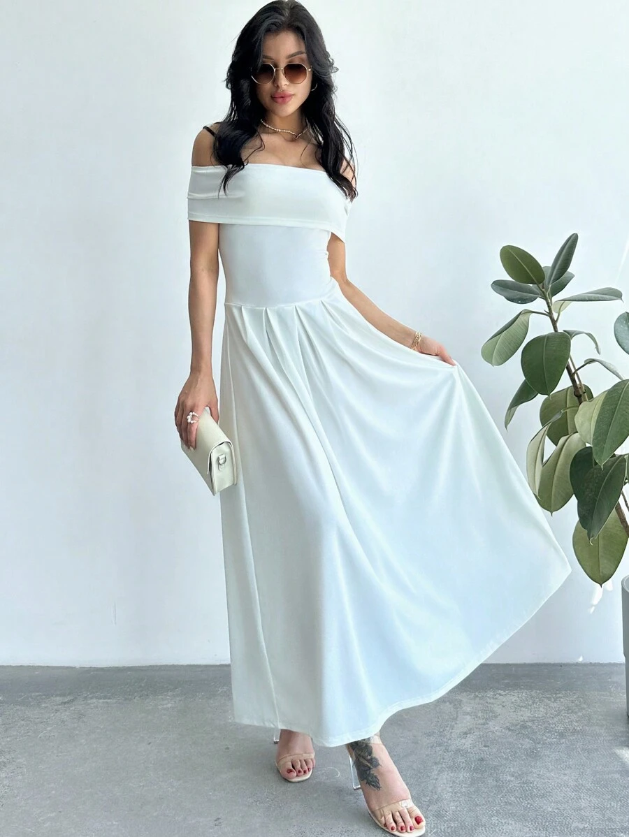 Firerie Dames elegante effen kleur off-shoulder A-lijn lange jurk voor de zomer