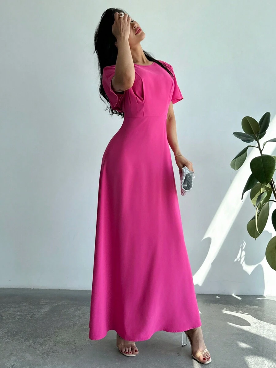 Firerie Ramadan Short Sleeve Round Neck Ruched Dress With Cinching Waist And A-Line Silhouette, Slim Fit