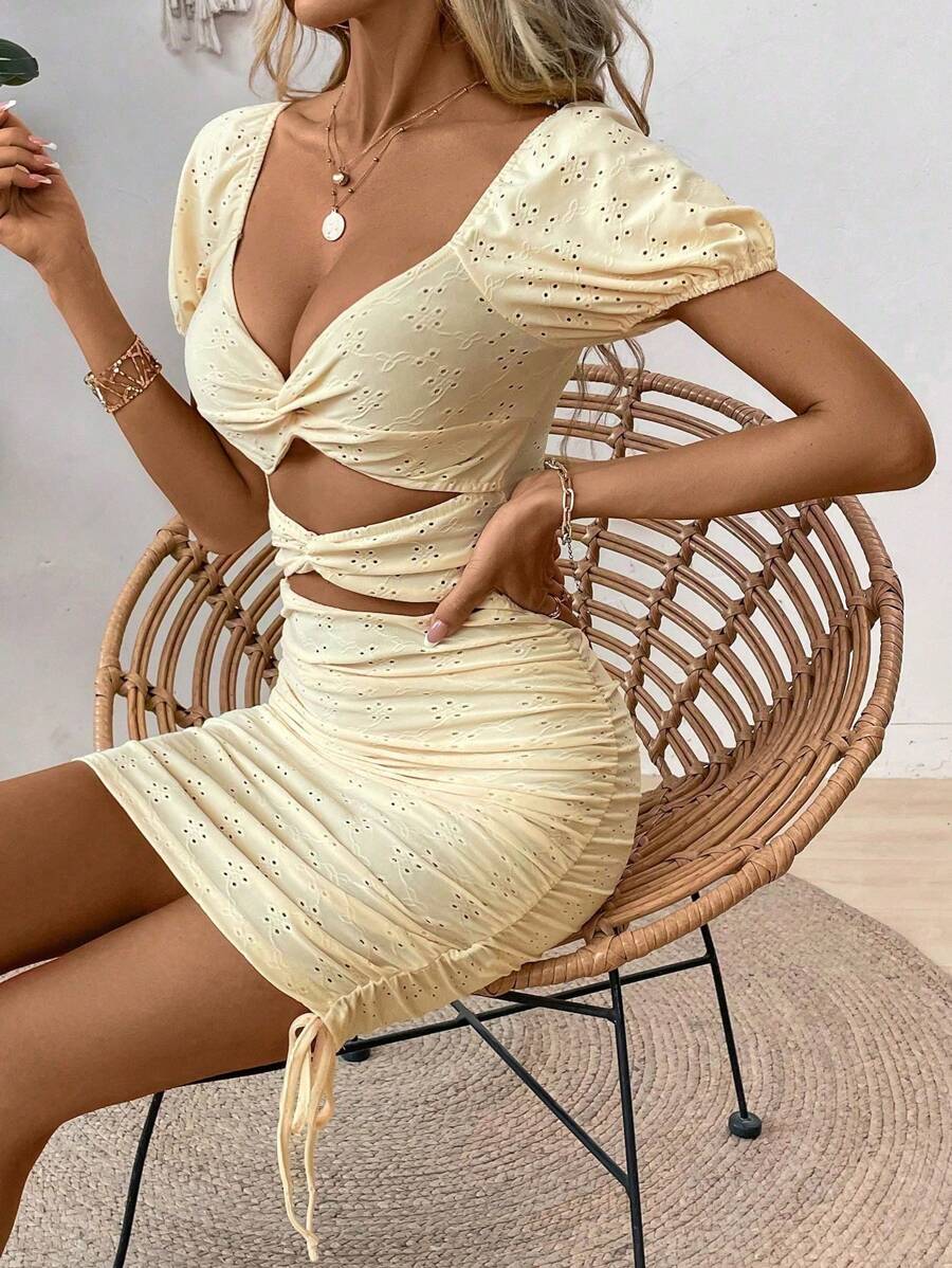 SHEIN Allurite Women Twist Knot Hollow Out Short Bubble Sleeve Jacquard Knitted Dress