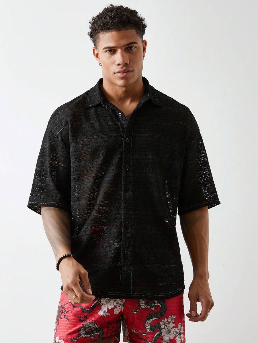 Forever 21 Chemise homme en dentelle tricotée noire