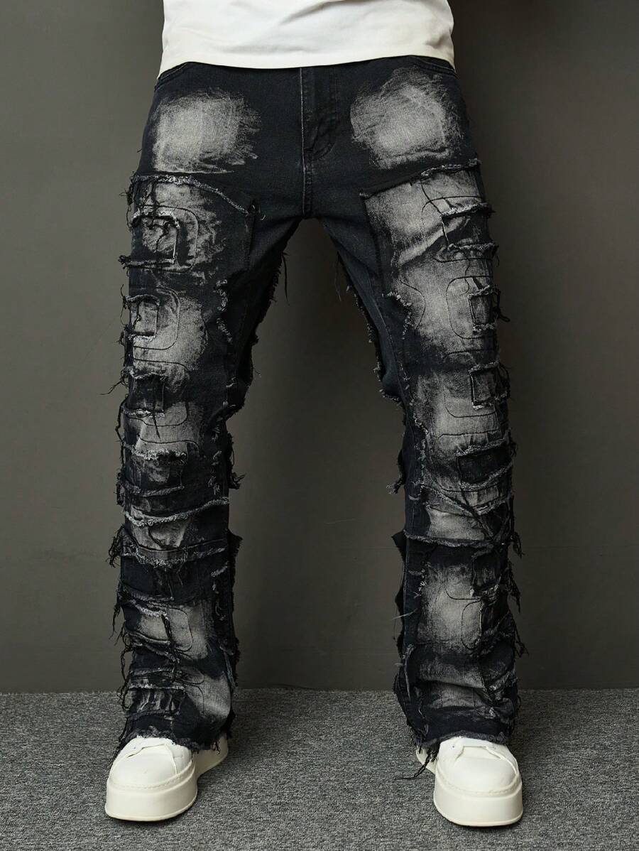 SHEIN Tween Boy Moda Casual Design Sense Rough Edge Quadrado Triângulo Corte Preto Denim Fit Com Jeans Elástico Para Uso Diário E Outono Roupas Infantis