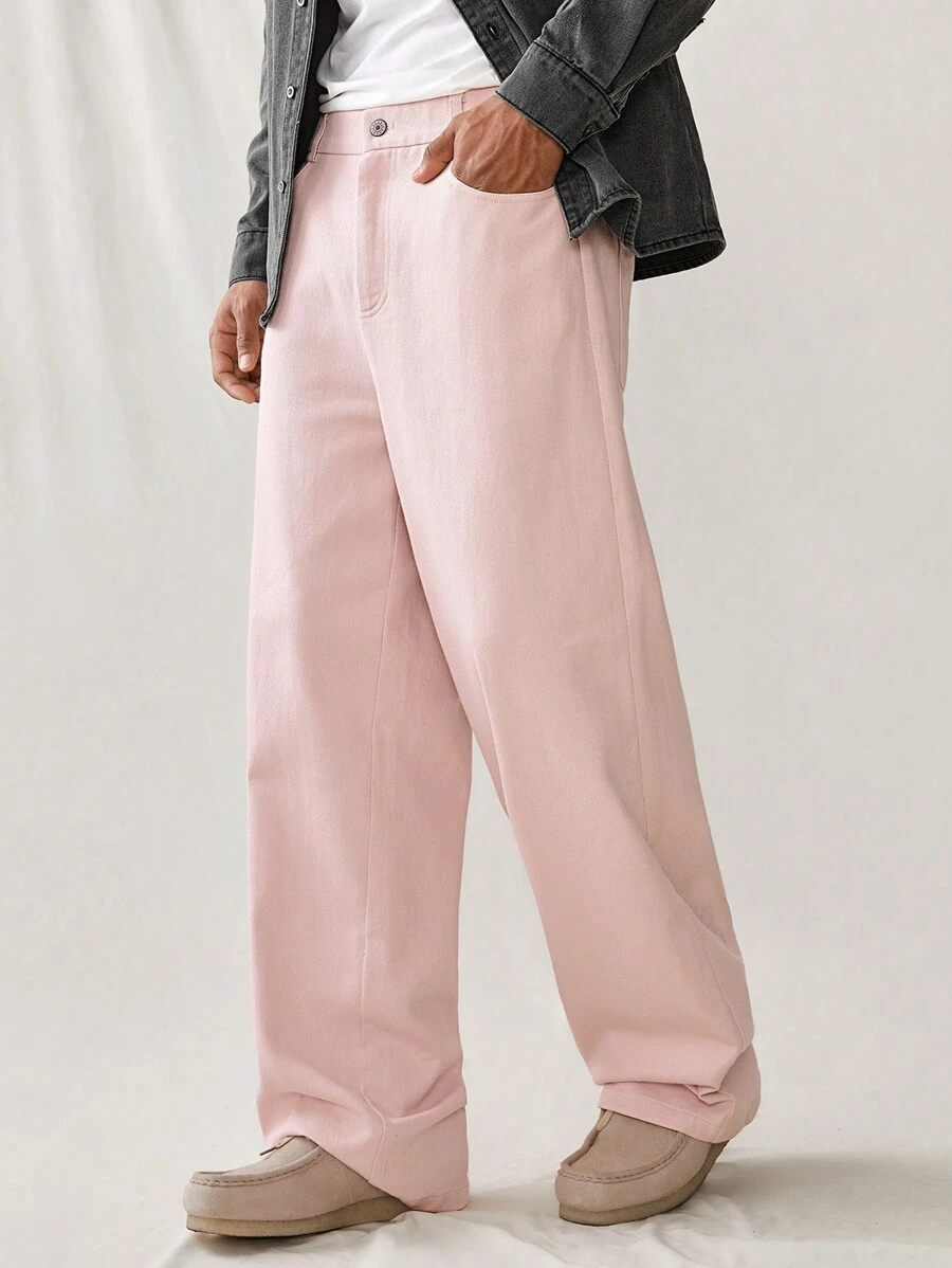 Manfinity RebelGame Pantaloni casual țesuți cu picioare largi pentru bărbați, cu culoare uni și buzunare