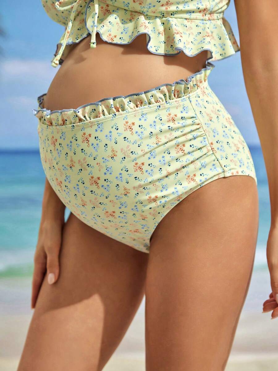 SHEIN Braguita de bikini estampada floral para playa de verano de maternidad con ribetes de volantes y diseño de cintura alta para vacaciones