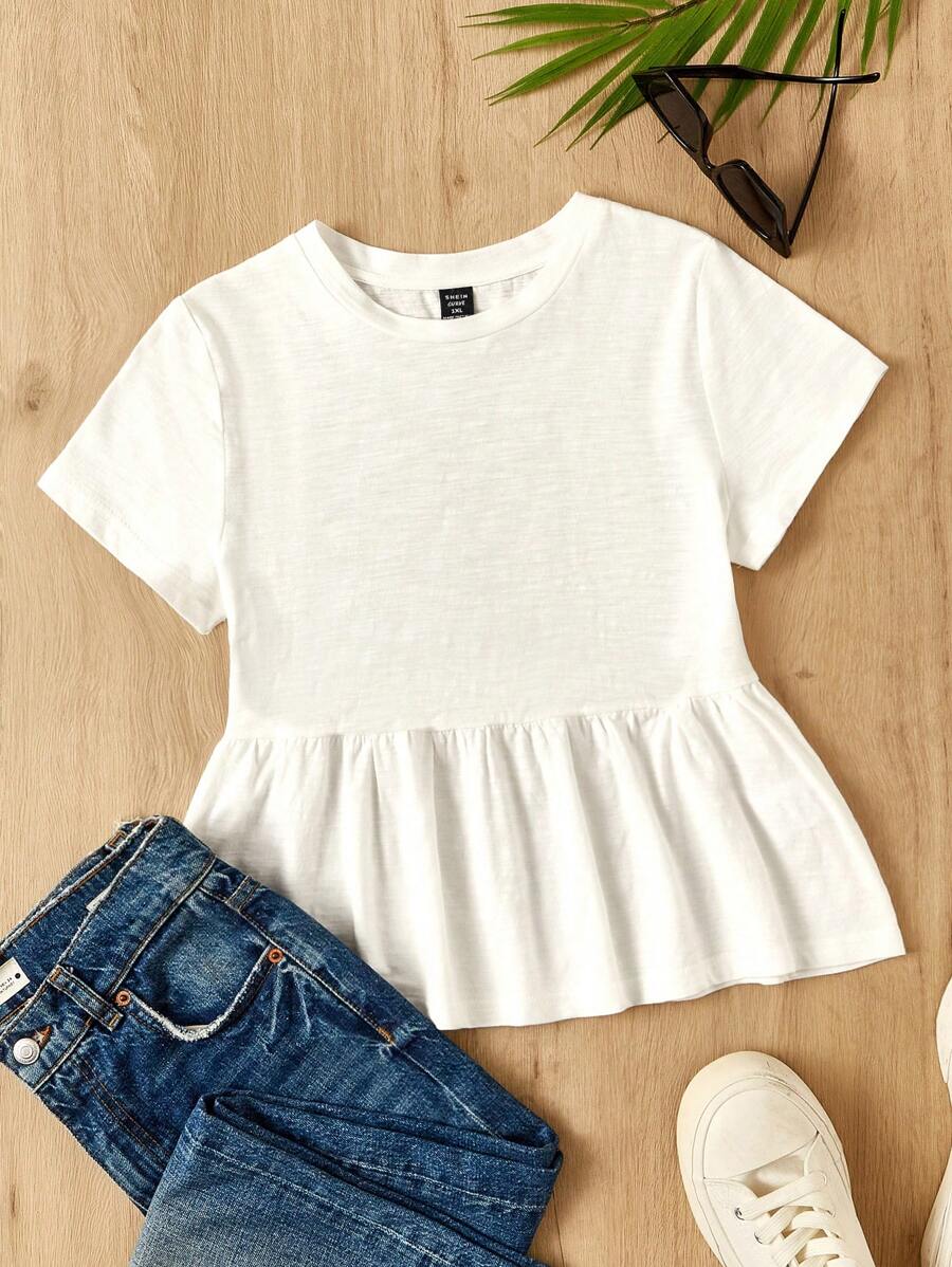 SHEIN EZwear Plus Size Women Cotton Patchwork A-Line Solid Color Round Neck Casual T-Shirt Dress