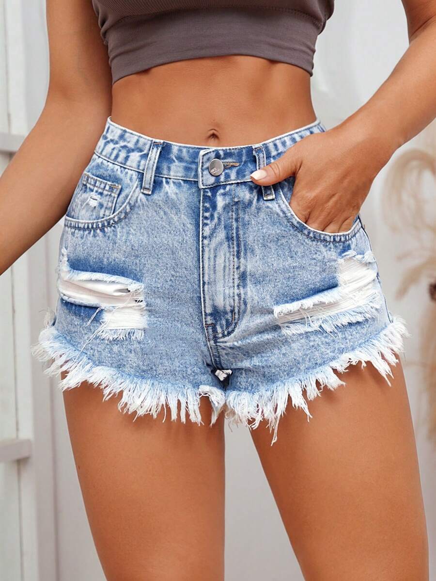 SHEIN PETITE Women Distressed Frayed Edge Summer Spring Casual Denim Shorts