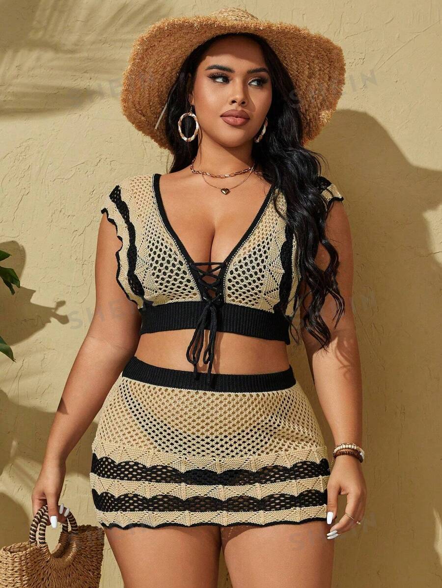 Swim Lushoire Conjunto de cubierta tejida de talla grande con parte superior y falda entrecruzada y hueca de bloque de color