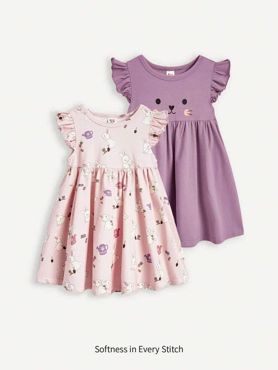 Cozy Pixies 2pcs Baby Girl Cartoon Bunny Patterned Short Sleeve Dress With Ruffles And Waistband, Including Diaper Cover Set