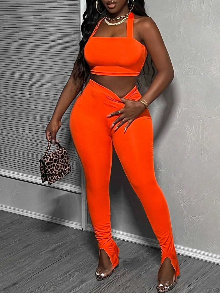 Slaydiva Swobodny Elegancki Prosty Pomarańczowy Halter Neck Slim Fit Damski Dwuczęściowy Zestaw