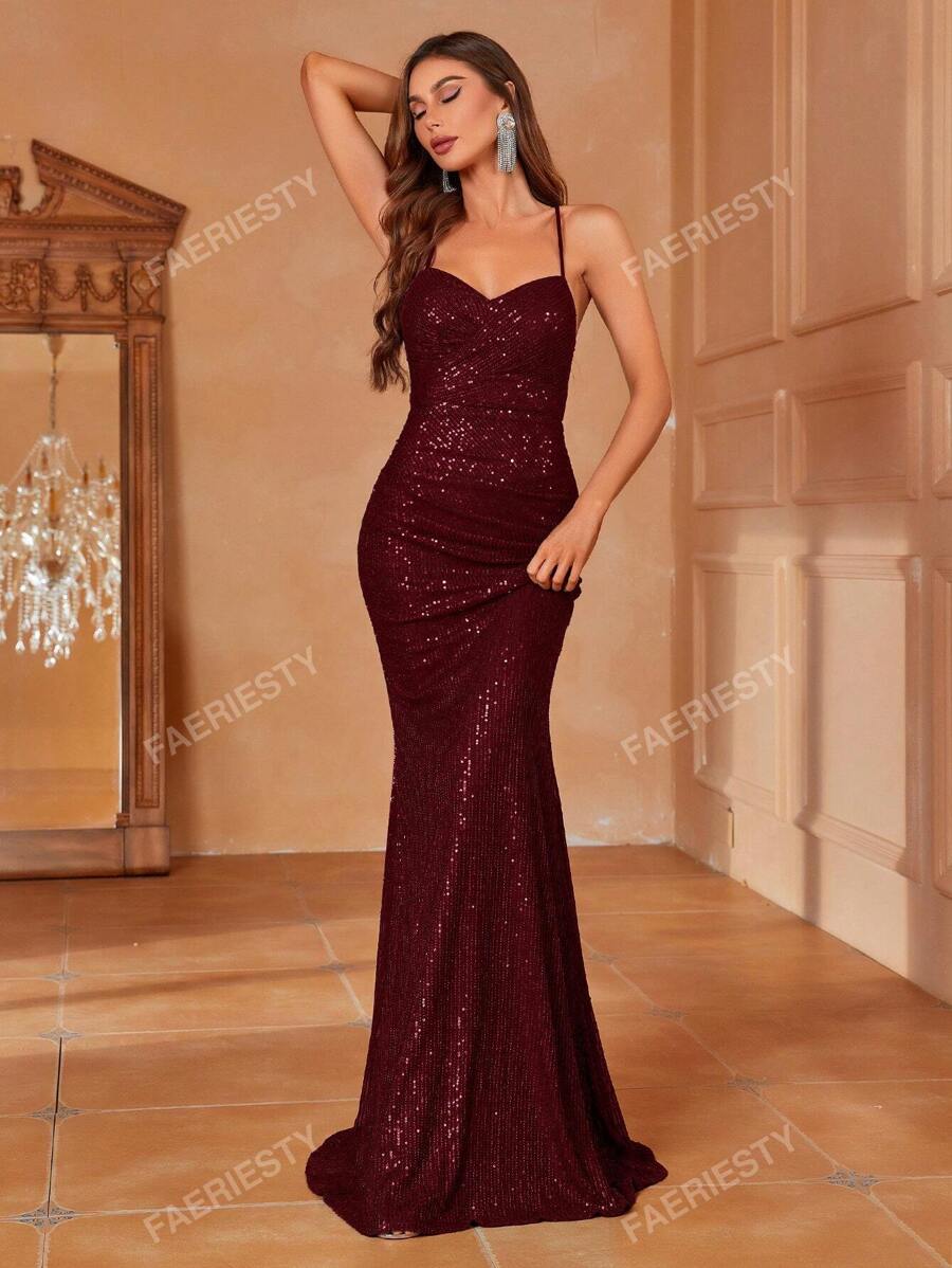 Faeriesty Faeriesty Elegant Spaghetti Strap Mermaid Evening Dress With Back Tie Detail - Perfect For Galas, Weddings, Red Carpet Events, Upscale Parties & Nightclubs