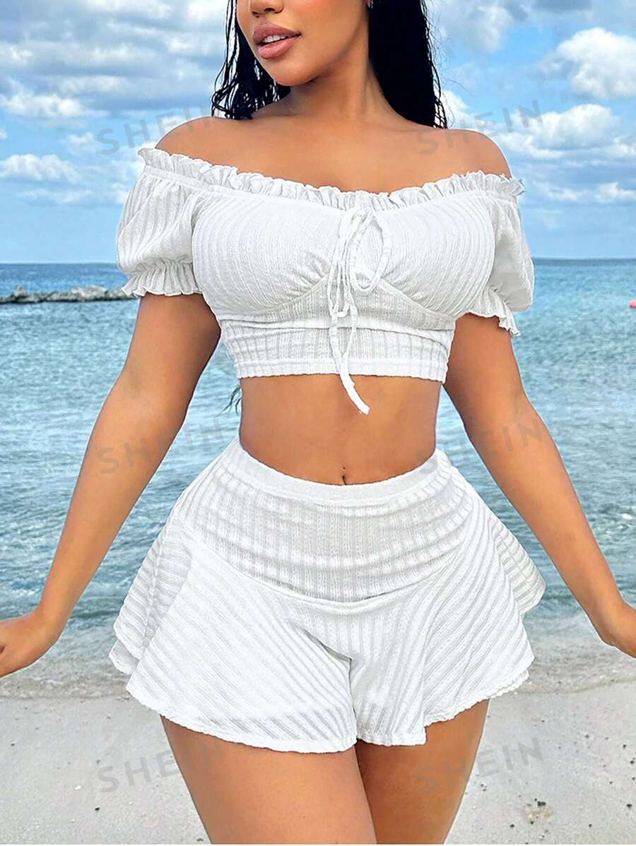 SHEIN SXY Conjunto de 2 piezas de vacaciones de verano con volantes y mangas estilo princesa, blanco, para playa