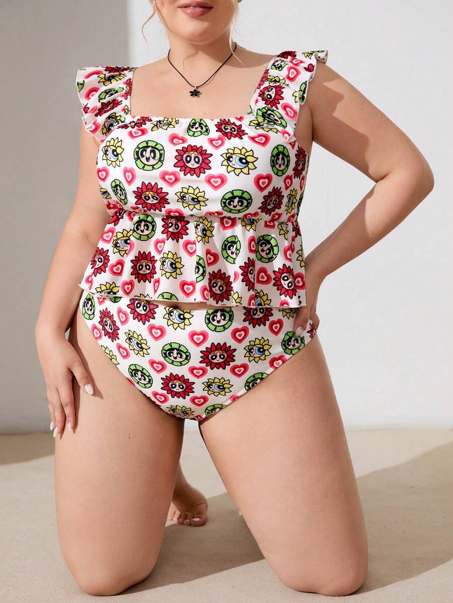 THE POWERPUFF GIRLS X SHEIN Plus Size Casual Vacation Style Cartoon Printed Ruffle Trim Tankini Set, Summer