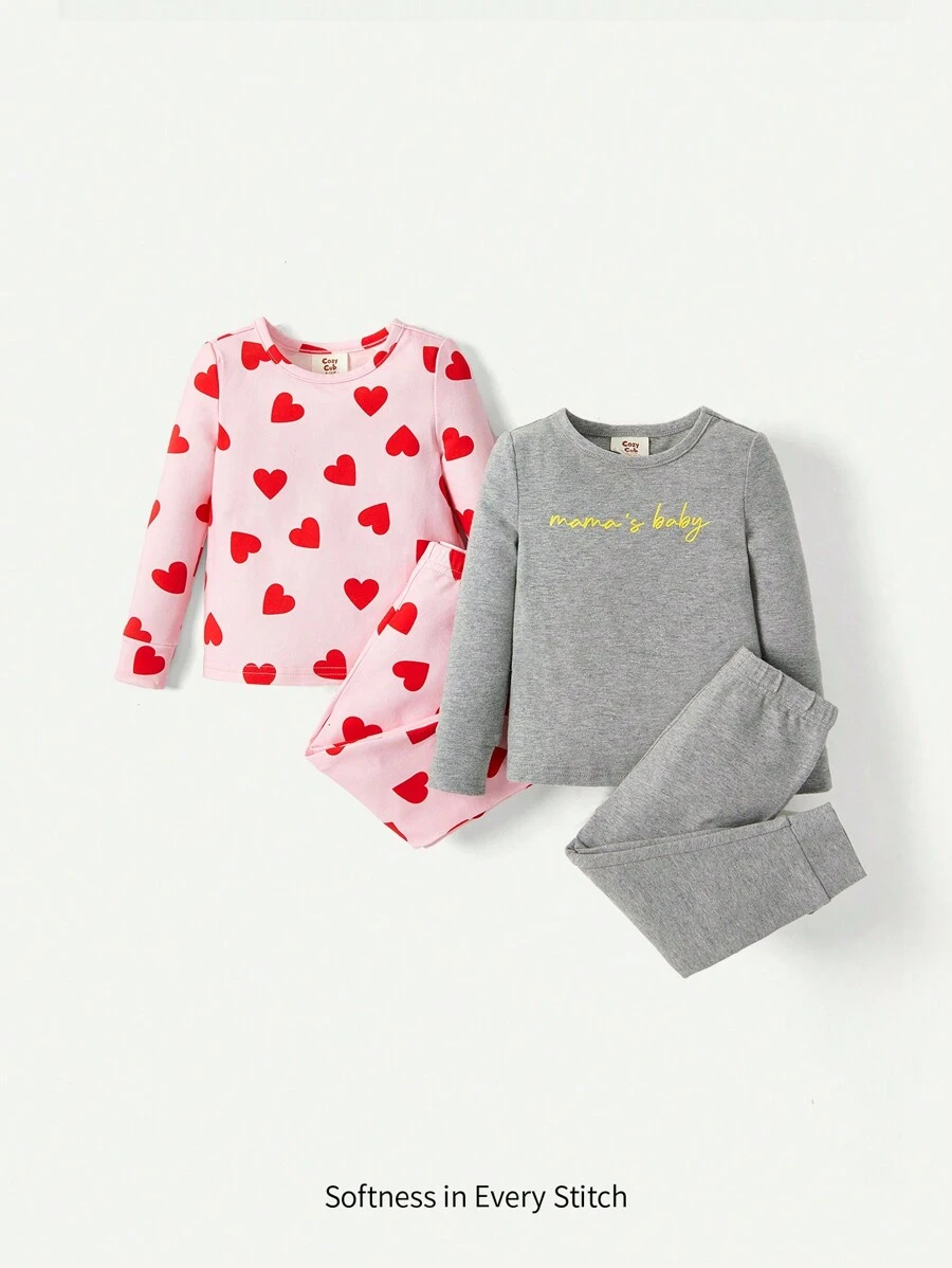 Baby Girl Snug Fit Pajamas, Round Neck, Normal Shoulder, Heart Patterned Top And Long Pants, 4pcs Set