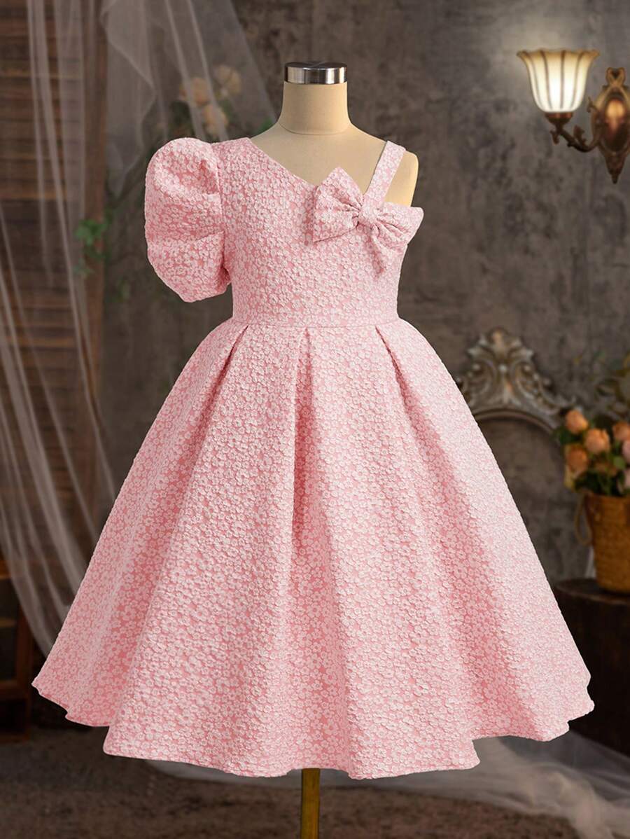 SHEIN Tween Girl Oblique Shoulder Bubble Sleeves Jacquard Dress With Bow Decoration