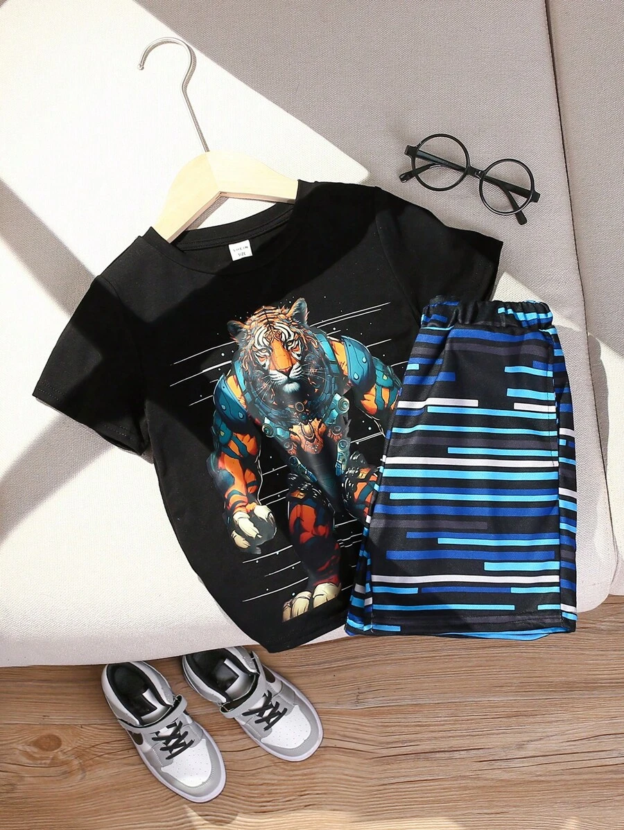 SHEIN Lässiges, Kurzärmeliges Rundhals T-Shirt Und Shorts Mit Cartoon-roboter- Und Tiger-aufdruck Für Kleine Jungen, Geeignet Für Frühling Und Sommer