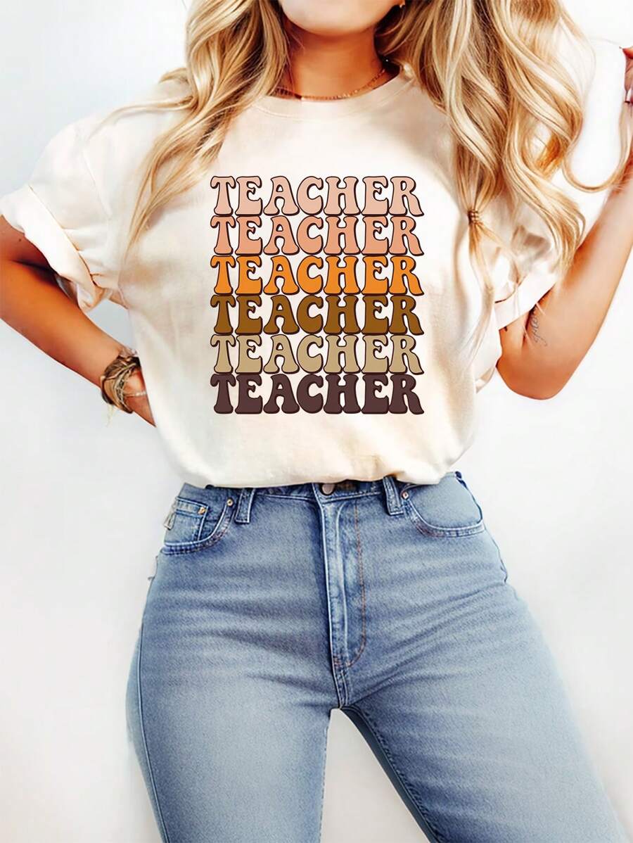 SHEIN LUNE Casual Minimalist "Teacher" Grafisch Ronde Hals Korte Mouw Getailleerd T-shirt, Geschikt Voor De Zomer, Katoenmix
