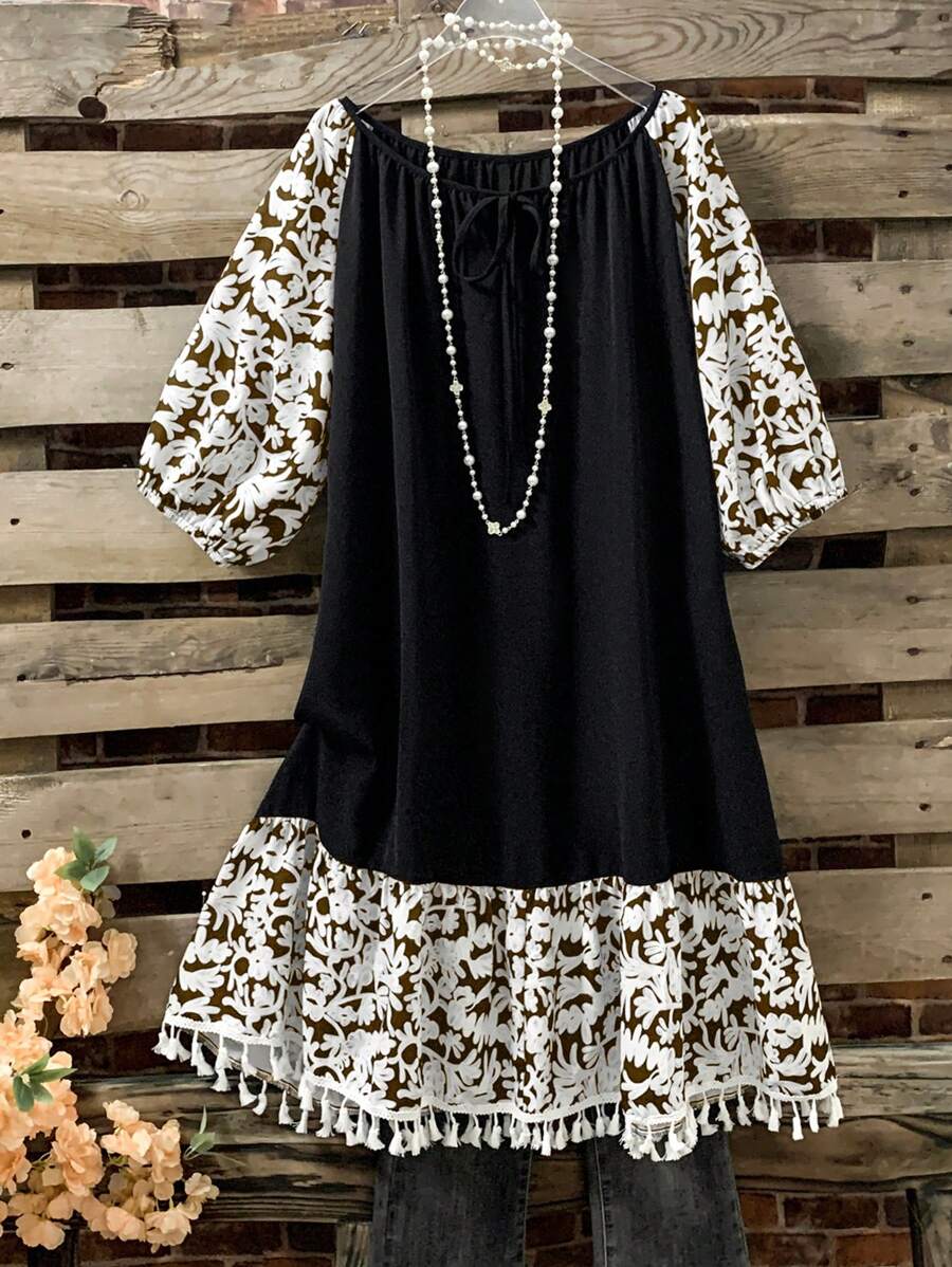 SHEIN LUNE Random Floral Print Plus Size Lantern Sleeve Dress With Ruffle Hem For Women, Spring/Summer