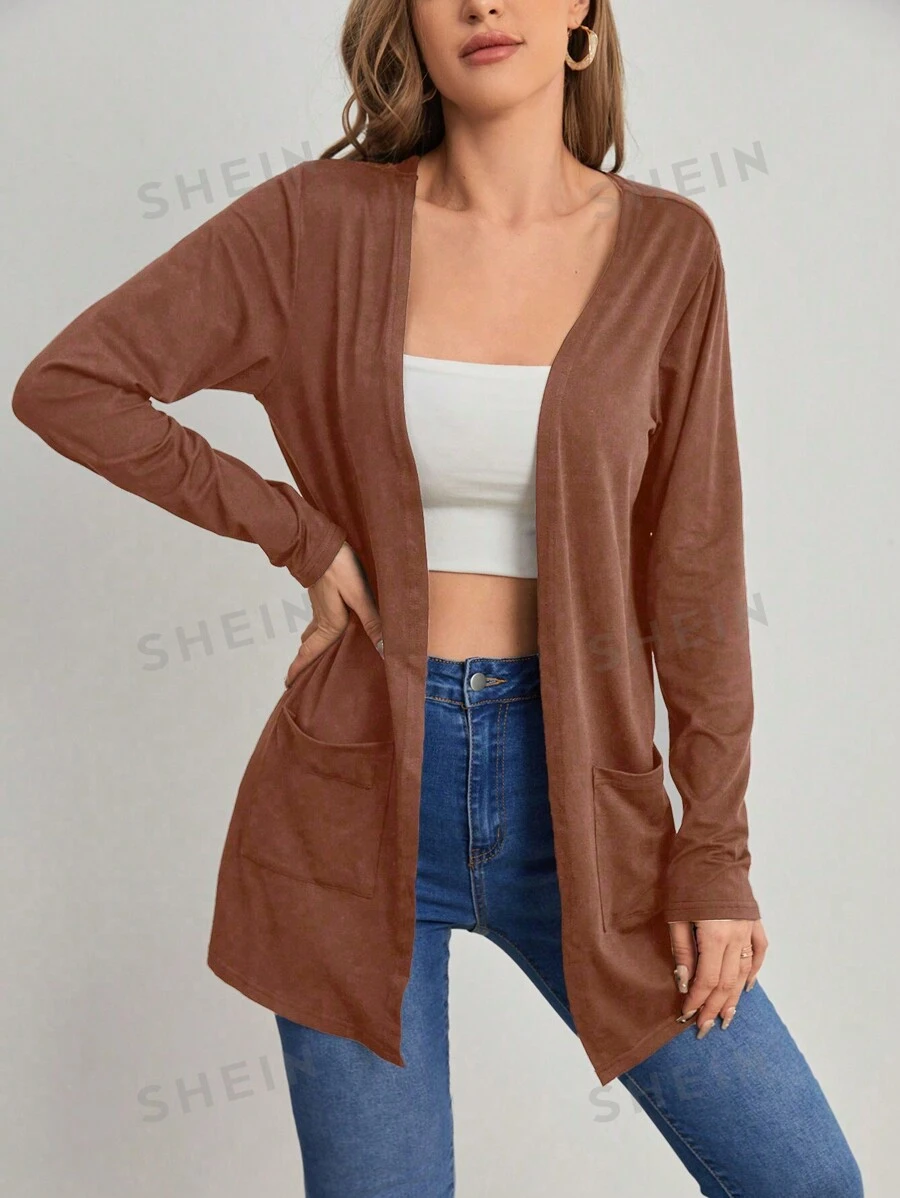 SHEIN LUNE Abrigo casual suelto de manga larga de doble bolsillo y unicolor para mujeres en primavera y otoño