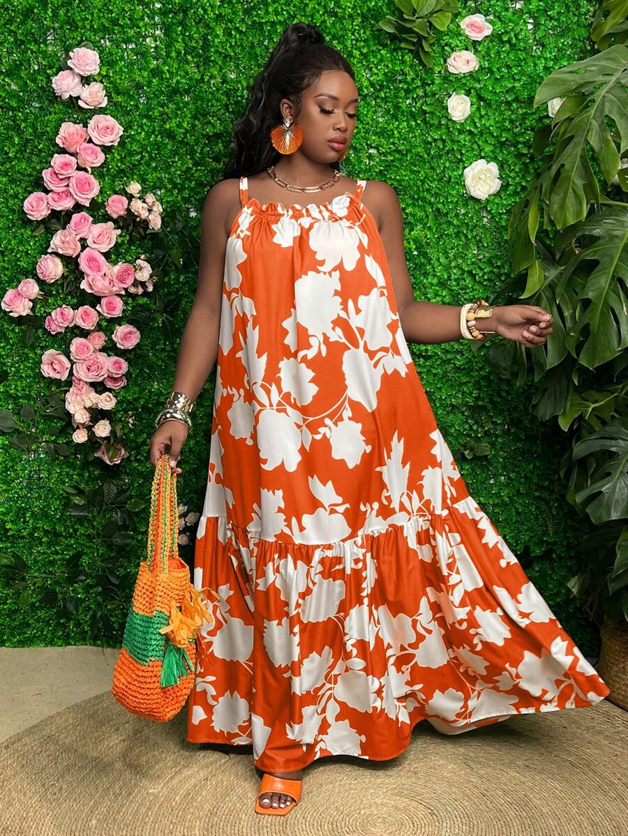 Slaydiva Plus Size Vacation Style Floral Printed Ruffle Hem Maxi Slip Dress For Summer