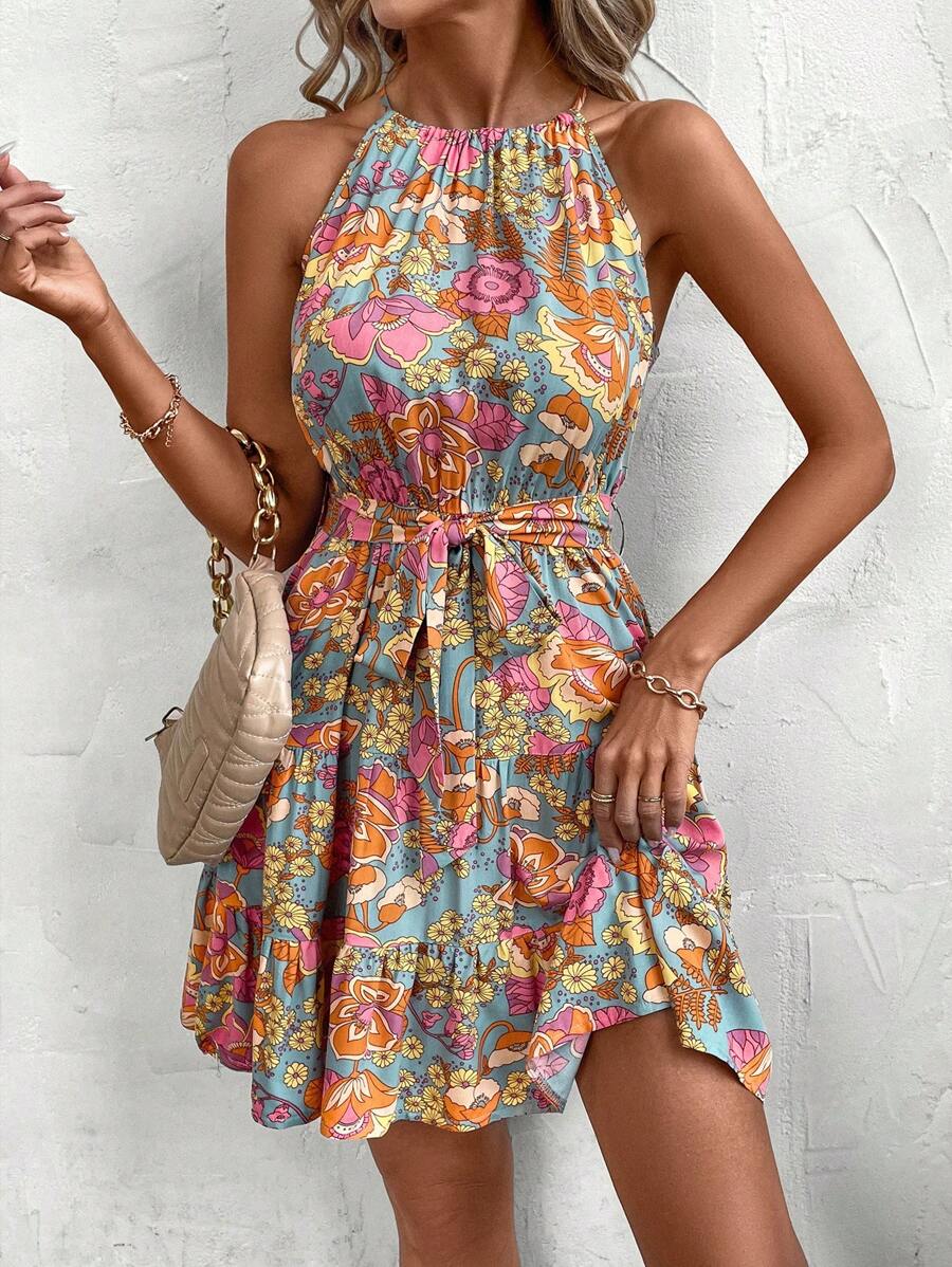 SHEIN Clasi Plus Size Women's Vacation Style Floral Print Halter Neck Dress For Summer