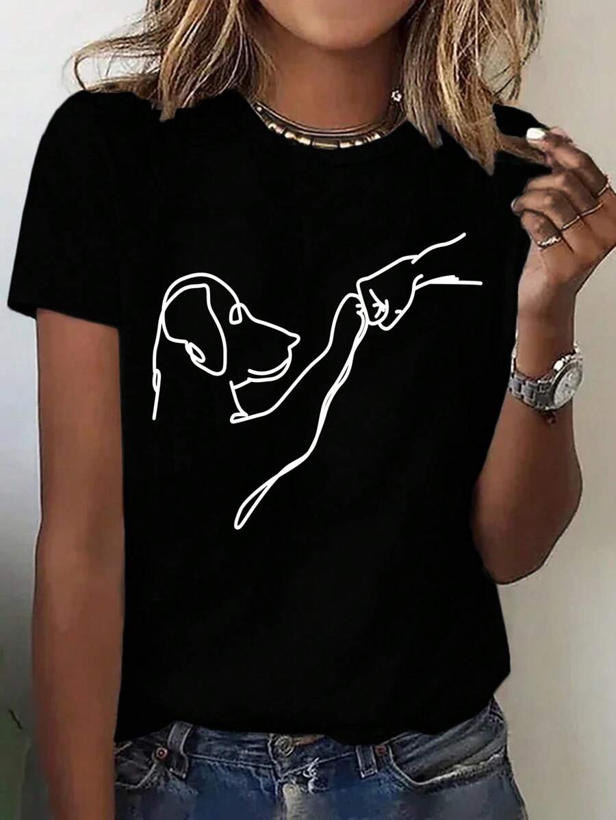 Calvaya Ladies' Dog Printed Round Neck Short Sleeve T-Shirt